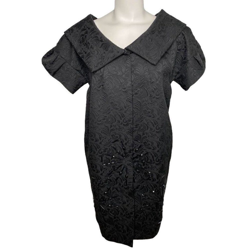 Black Brocade Beaded Snap Closure Short Sleeve Cotton Jacket Sz Large NEW